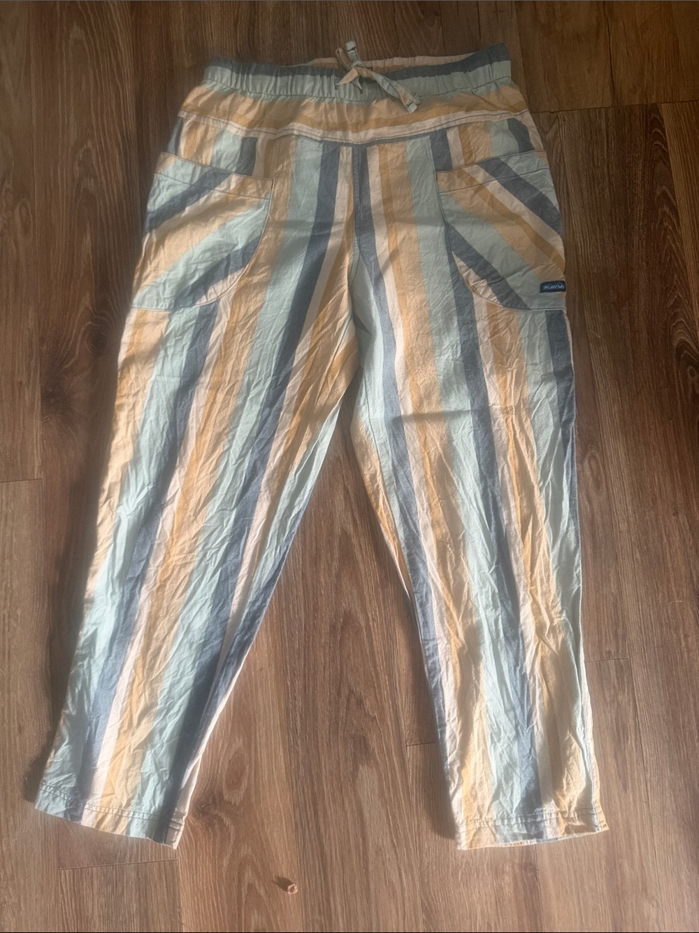 Kavu Striped Wide-Leg Pants in Blue, Cream & Tan
